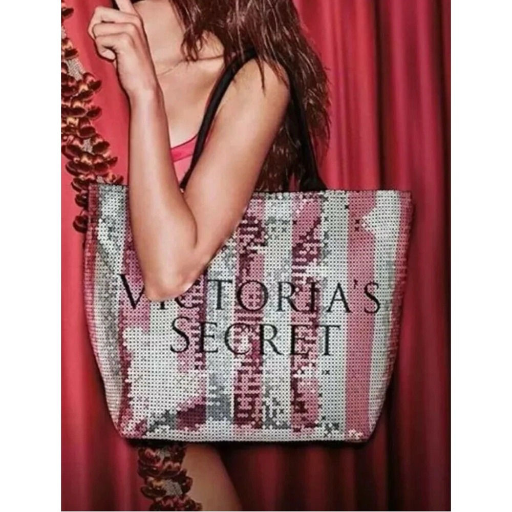Victoria's Secret‎ Pink Silver Sequin Stripe Tote Bag Limited Edition Weekender